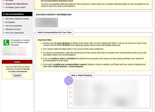 scroll down until you see the select accommodations for your classes link