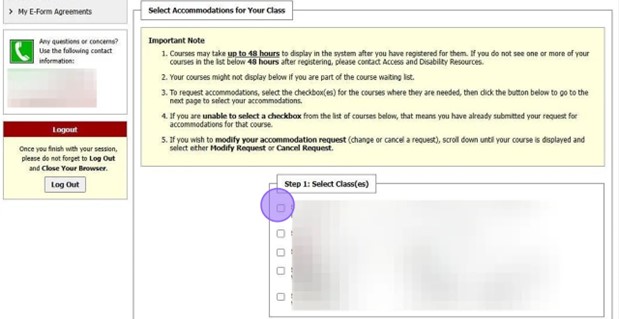 choose the classes you need accommodations for