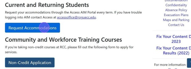 screen shot of signing into AIM using RCC's Access and Disablity Services website